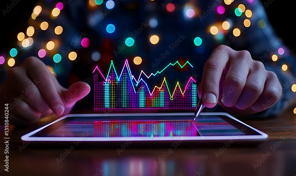 Poster hands analyzing colorful data visualizations on digital tablet