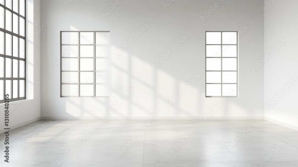 Poster sunlit empty room with large windows casting shadows on white walls and concrete floor.