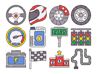 Auto Racing Element Icons, flat design style, featuring steering wheel, helmet, tires, speedometer, traffic lights, and podium. Ideal for motorsport graphics, event promotions, and racing themes.