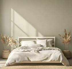 Serene Bedroom with Soft Textures and Natural Elements in Green Light