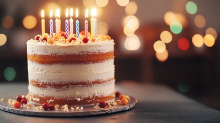 Vibrant birthday cake adorned with brightly lit candles, symbolizing joy and celebration for a memorable gathering