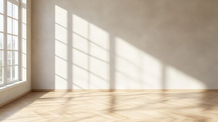 Sunlit empty room with large windows casting shadows on wooden floor, minimalist interior design.