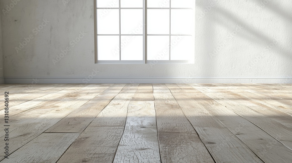 Poster sunlit empty room with wooden floor and large window, casting shadows on the walls, creating a seren