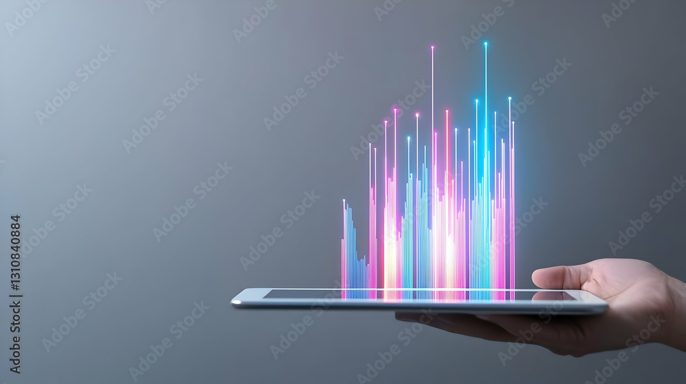 Poster digital data visualization on tablet with colorful graphs rising