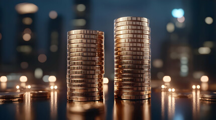 Stacks of Golden Coins with Blurred City Background at Night