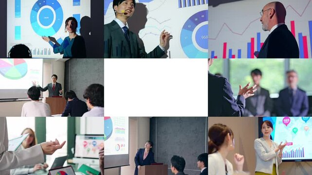 様々な人々のプレゼンテーションシーンのコラージュ映像
