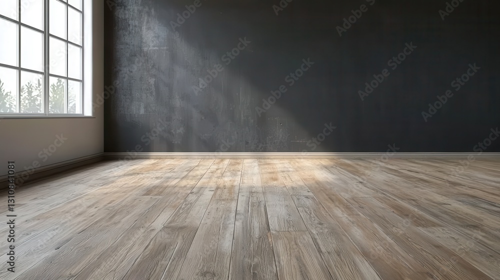 Poster sunlit empty room with wooden flooring and large window creating a warm, inviting atmosphere.