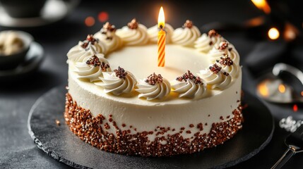 Delightful cake with a single candle on top ready for a special birthday celebration and making wishes
