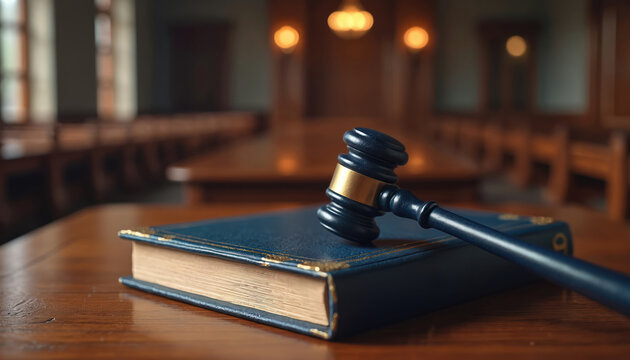 Close-up of judge gavel resting on blue code book in courtroom. Law, justice concept. Symbol of legal authority, judgement, wooden hammer on desk. Implies crime, punishment themes.