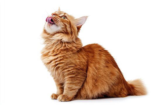 A ginger cat sitting on a white background, licking its lips and looking up at something in the sky, in a side view, stock photo.