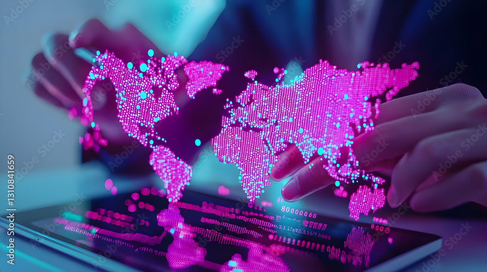 Poster digital global network concept with pink data visualization graphics