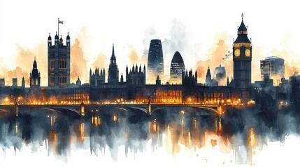 Naklejka premium Elegant Black and Gold Watercolor Illustration of a City Skyline at Dusk