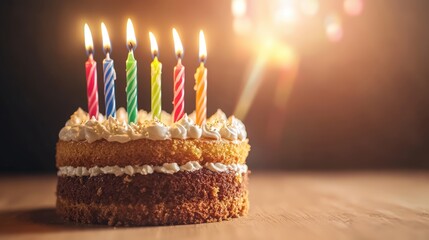 Beautiful birthday cake decorated with colorful candles awaiting the perfect moment to celebrate joyful occasions together