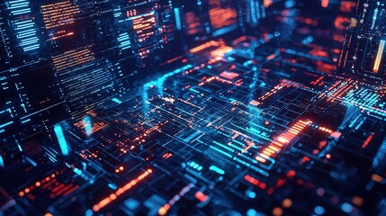 Ai-driven digital world with holographic displays futuristic cityscape data visualization cyber environment aerial view