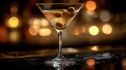 A close-up of a martini glass filled with clear liquid, featuring two green olives with pimentos floating inside.