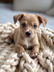Adorable puppy resting on cozy knitted blanket, cute dog with innocent eyes, soft fur, warm home atmosphere, perfect pet portrait, relaxing moment, comfort and tenderness
