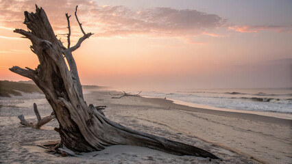 serene beach scene featuring weathered tree trunk, gentle waves, and colorful sunset sky. tranquil atmosphere evokes sense of peace and natural beauty