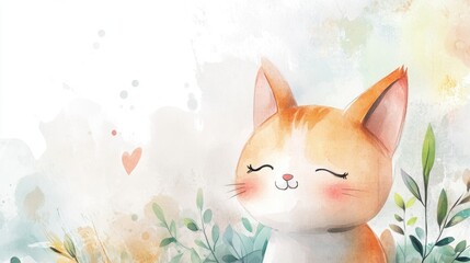 A smiling watercolor painting of a cute orange kitten in nature