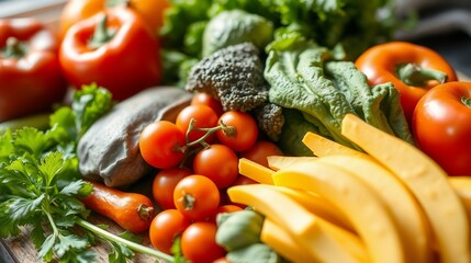 Colorful Assortment of Fresh Vegetables and Fruits on a Rustic Wooden Surface