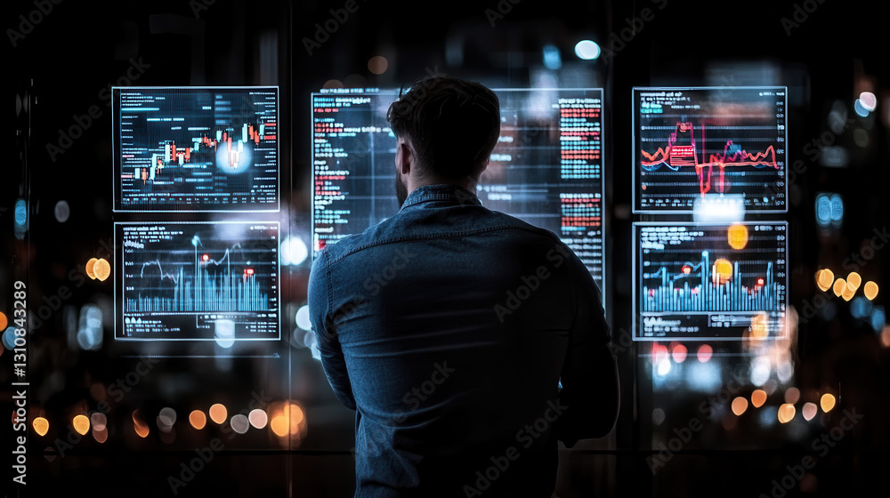Poster businessman analyzing financial data on multiple screens at night, showcasing graphs and charts