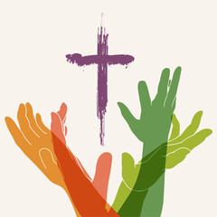 Obraz premium Human hands reaching out to the Christian cross, almost touching. Help, religion and love concept. Cross icon between hands