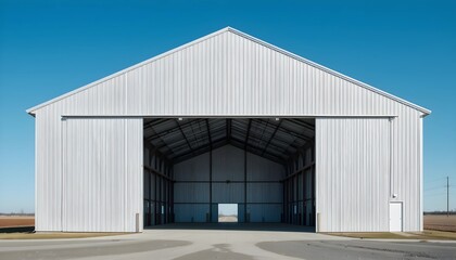 Obraz premium Empty corrugated metal barn or storage building with large open sliding doors under a clear blue sky. The structure features a gabled roof and a wide entrance, revealing the interior framework.