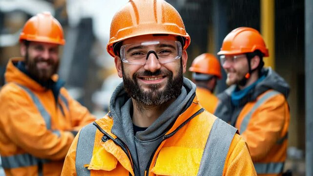Construction workers continue to work in spite of the heavy rain. The staff still smiles in spite of their safety gear.