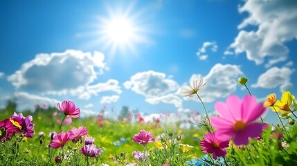 A field of colorful flowers basking under a bright sunny sky