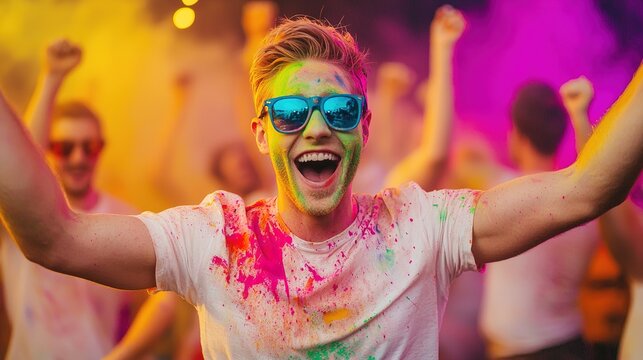 Full moon beach party celebration vibrant neon atmosphere summer night festivities coastal scene joyful vibes