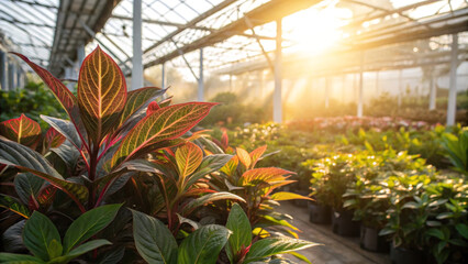 Obraz premium Lush green plants in greenhouse, illuminated by warm sunlight, create serene atmosphere. vibrant leaves showcase intricate patterns, enhancing tranquil setting