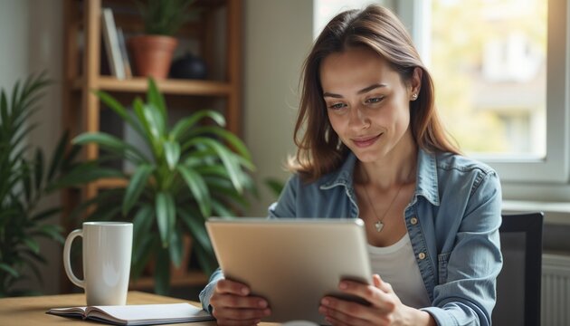 Unemployed woman looking at job ads on tablet with thoughtful expression in home office