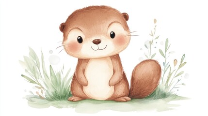 A cute illustration of a smiling otter among some grass