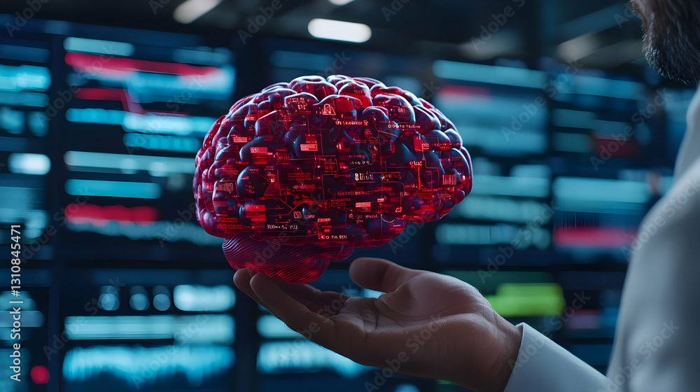 Poster digital brain visualization with technology background and data display