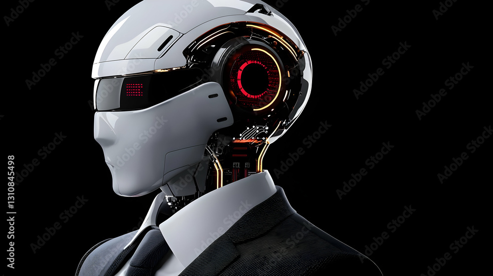 Poster futuristic robot man in suit with high-tech features and design
