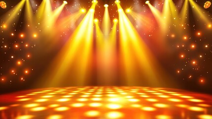 Golden stage lights illuminate a dance floor. Perfect for event, concert, or award show backgrounds.