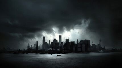 Obraz premium dark storm over financial district, symbolizing uncertainty and change. skyline is shrouded in ominous clouds, creating dramatic atmosphere