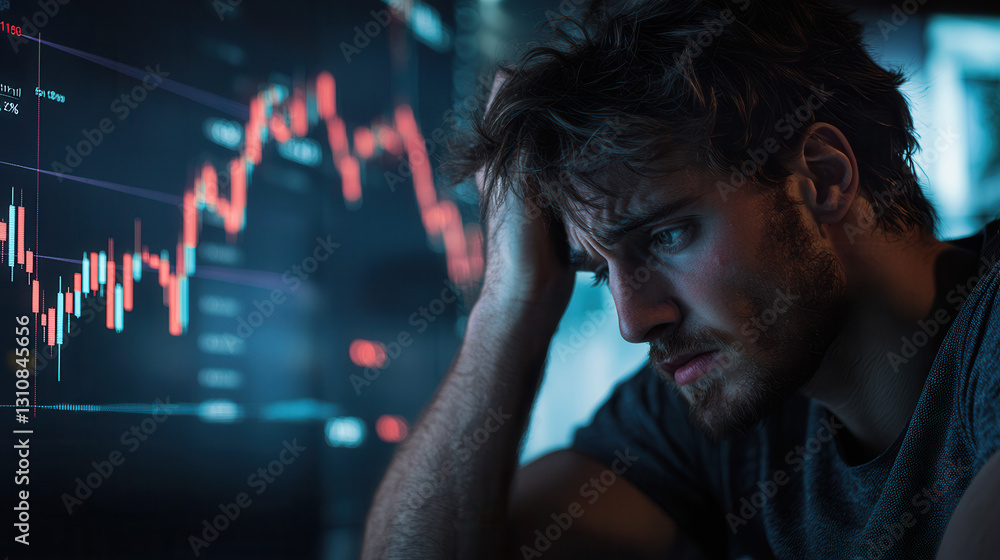 Poster man showing frustration while analyzing stock market data on screen