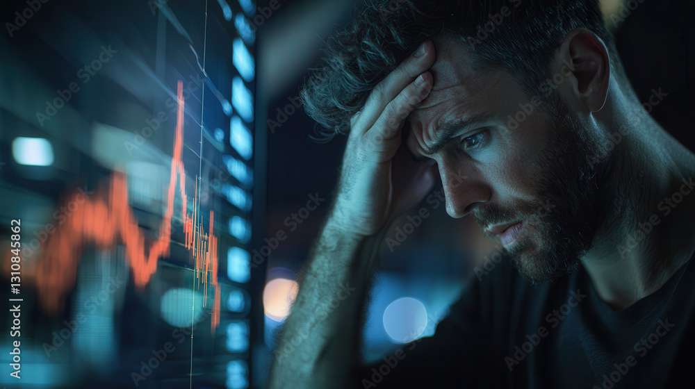 Poster man is stressed while analyzing financial data on screen, showing concern