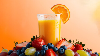 Fototapeta premium Fresh and juicy oranges next to a glass of vibrant orange juice, glowing against a warm orange setting.