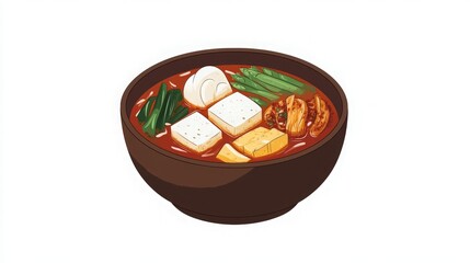 A Delicious Bowl of Korean Tofu Soup Loaded with Fresh Vegetables and Aromatic Ingredients, Perfectly Presented for a Culinary Delight.