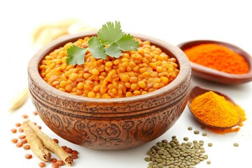 A Delicious Bowl of Lentil Curry Garnished with Fresh Spices, Served on a Clean White Background, Perfect for Food Photography and Culinary Inspiration.