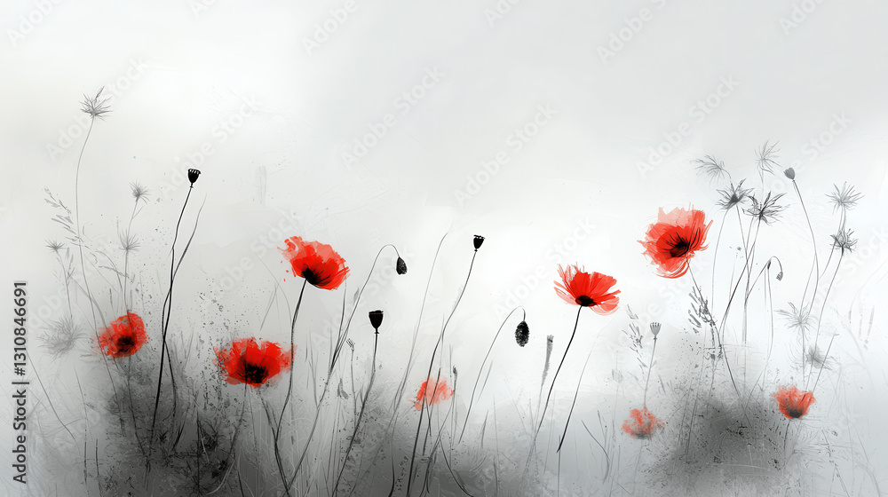 Poster field of red poppies in full bloom, creating serene and tranquil atmosphere