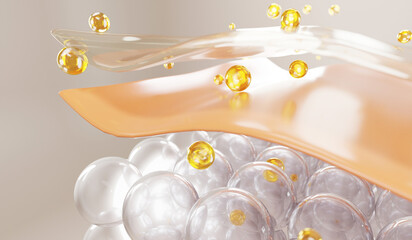 3D illustration of skincare serum and collagen molecules penetrating skin layers, enhancing hydration, elasticity, and nourishment. A concept for beauty, anti-aging, and dermatology.