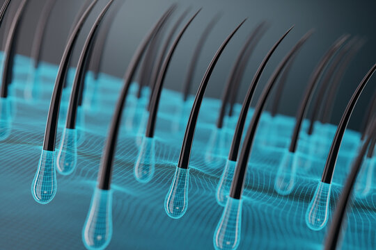 3D futuristic visualization of hair follicles embedded in a digital grid, representing hair growth, scalp health, and biotechnology advancements in hair care and regeneration.