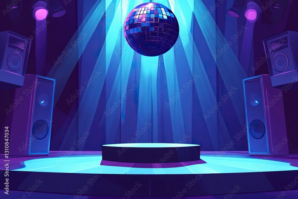 Poster a vector illustration of an empty stage with speakers and a disco ball lighting up the center area, 