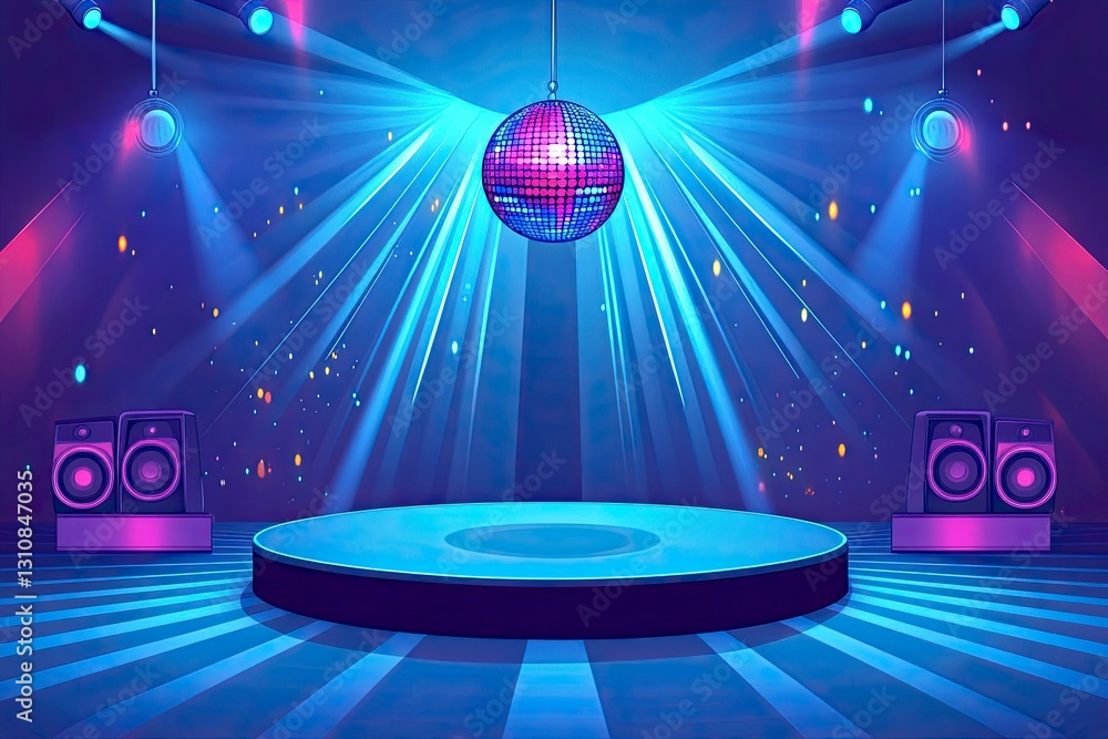 Poster a vector illustration of an empty stage with speakers and a disco ball lighting up the center area, 