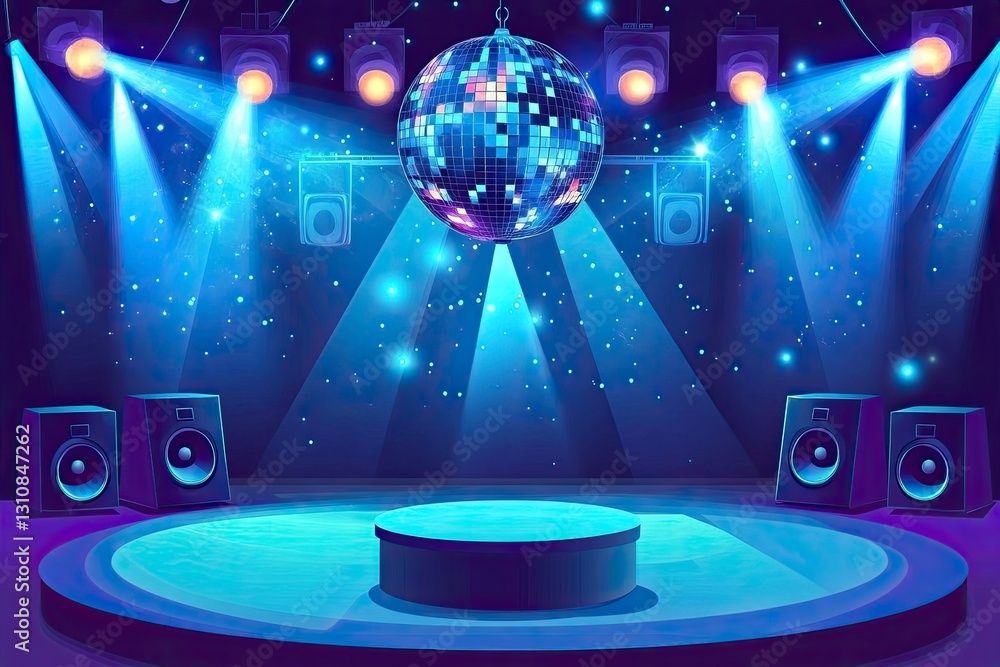 Poster a vector illustration of an empty stage with speakers and a disco ball lighting up the center area, 