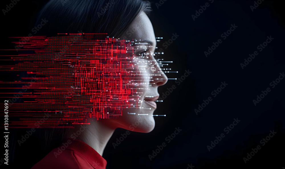 Poster futuristic woman profile with digital data patterns in dark setting