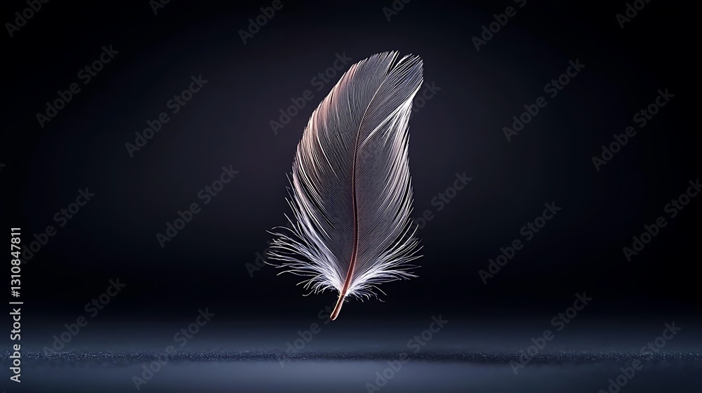 Poster delicate feather floating against a dark background, showcasing intricate details and softness