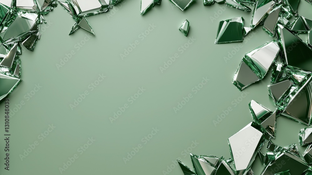 Poster abstract composition of shattered green glass pieces on pastel background creating dynamic negative 
